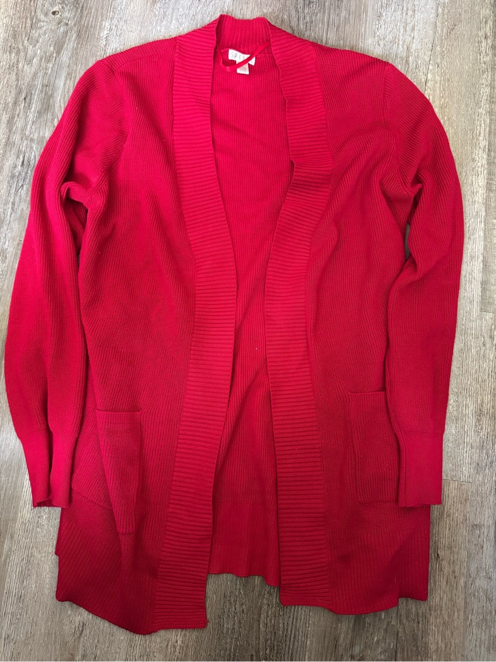 Spense Red Open-Front Ribbed Trim Cardigan